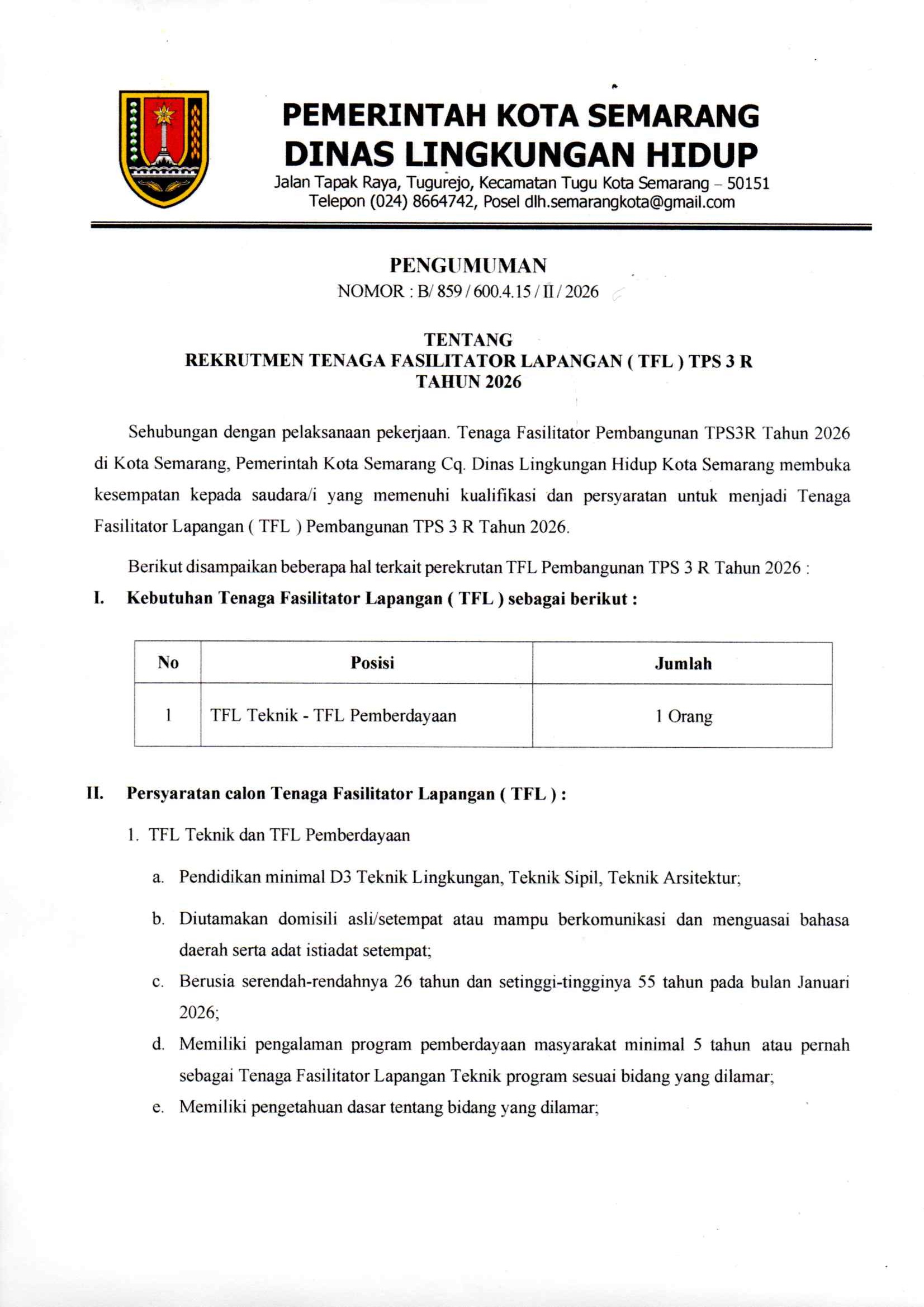 REKRUTMEN TENAGA FASILITATOR LAPANGAN TPS3R TAHUN 2026