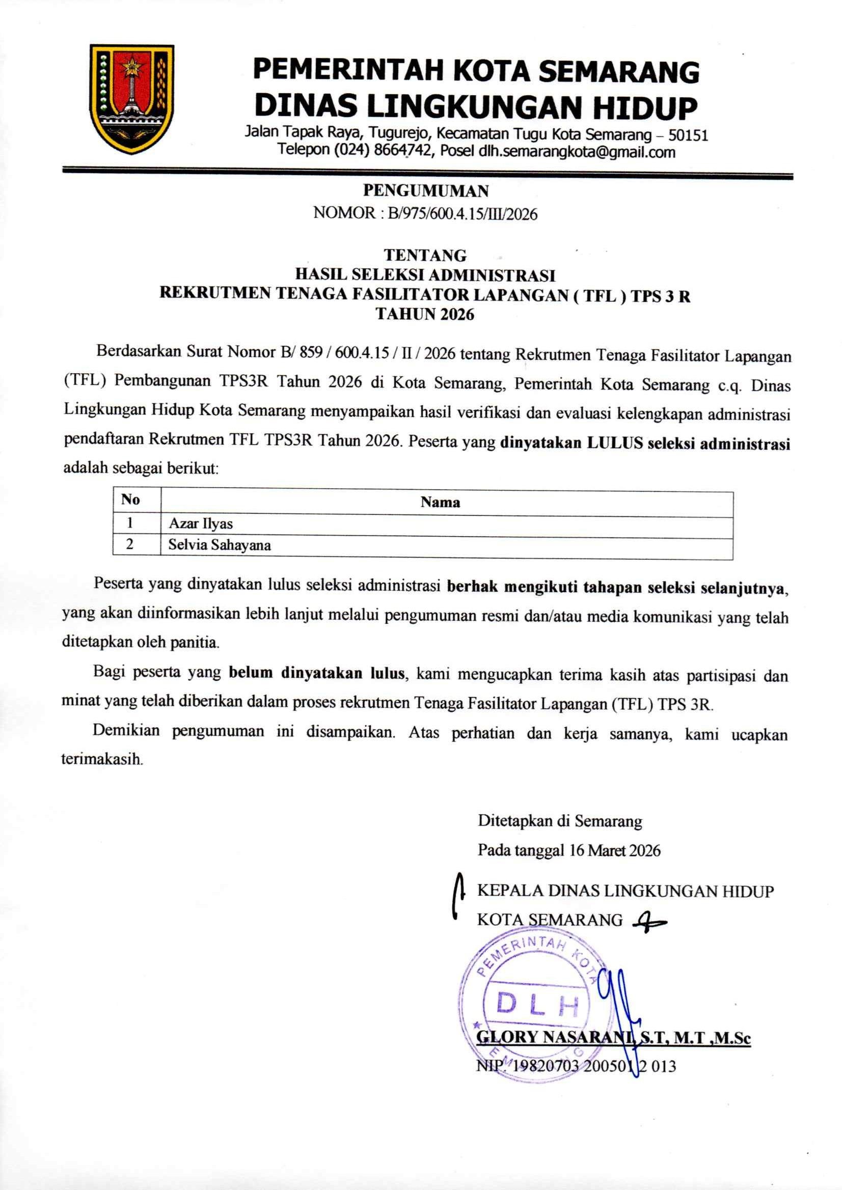 HASIL SELEKSI ADMINISTRASI TFL TPS 3 R TAHUN 2026