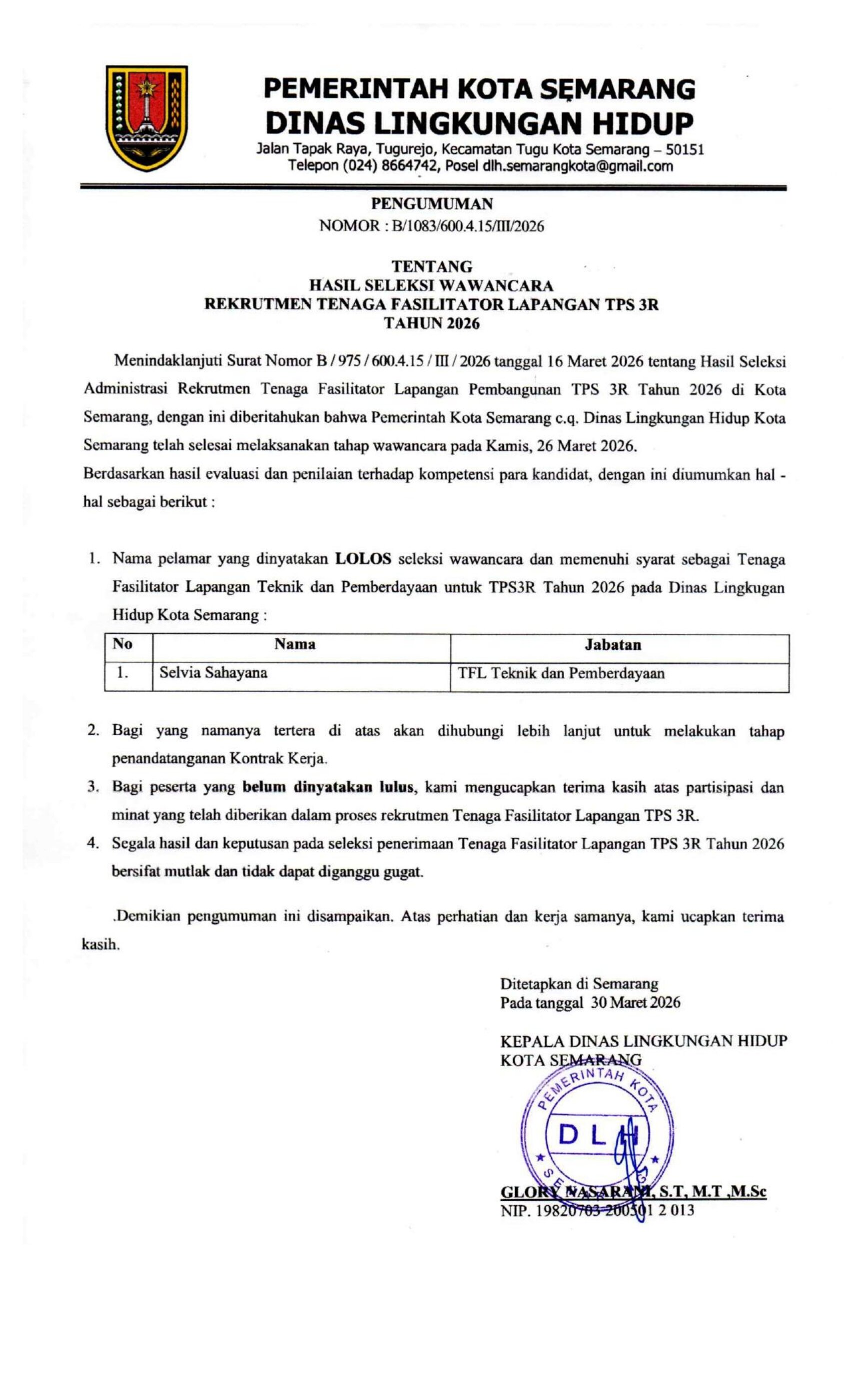 HASIL SELEKSI WAWANCARA TFL TPS 3 R TAHUN 2026